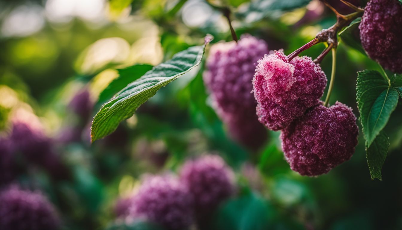 Close-up of black cherry gelato strain plant in lush green garden.